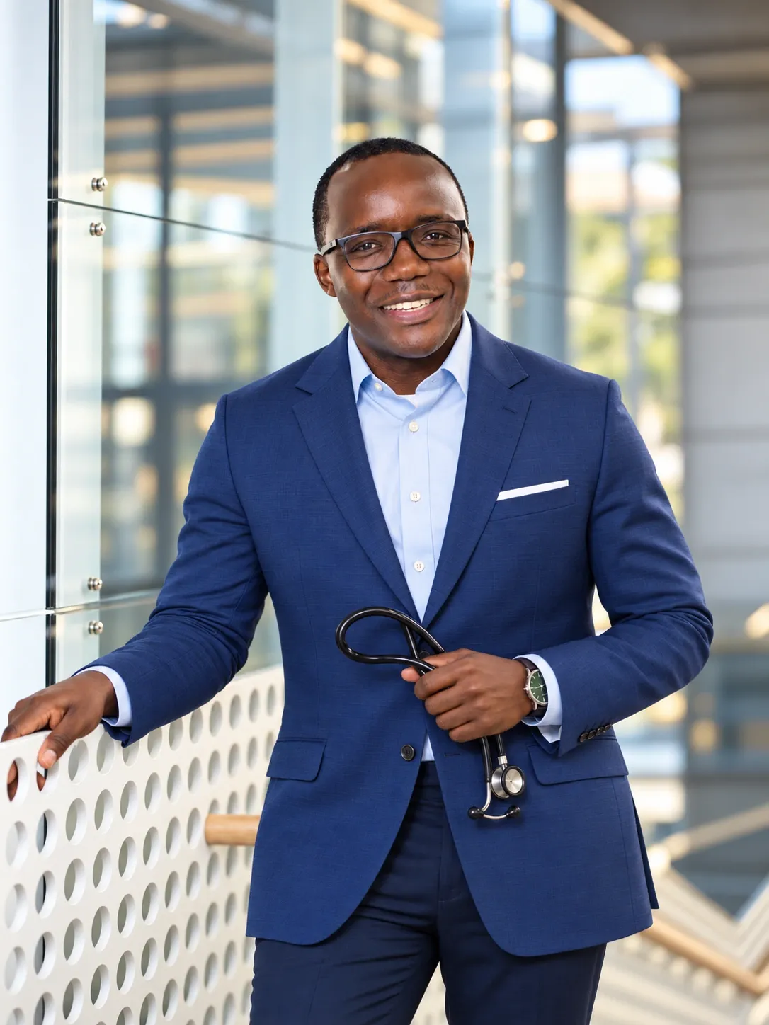 Dr. Job Mogire in a navy suit, holding a stethoscope